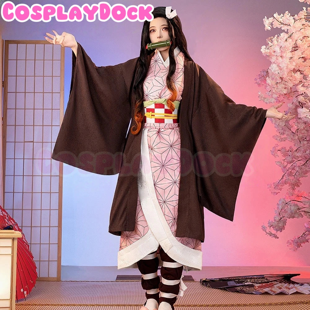 Demon Slayer Nezuko Kamado cosplay kimono pink checkered bamboo muzzle-cosplaydock