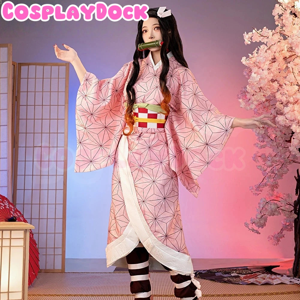 Demon Slayer Nezuko Kamado cosplay kimono pink checkered bamboo muzzle-cosplaydock