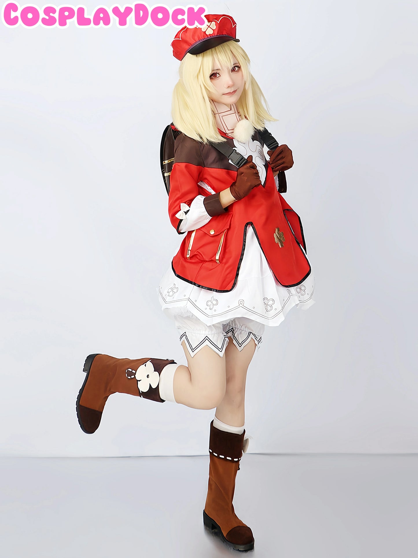 Genshin Impact Klee Cosplay Costume Full Set – Screen-Accurate Red Bomber Jacket, Dodoco Backpack & Hat | CosplayDock