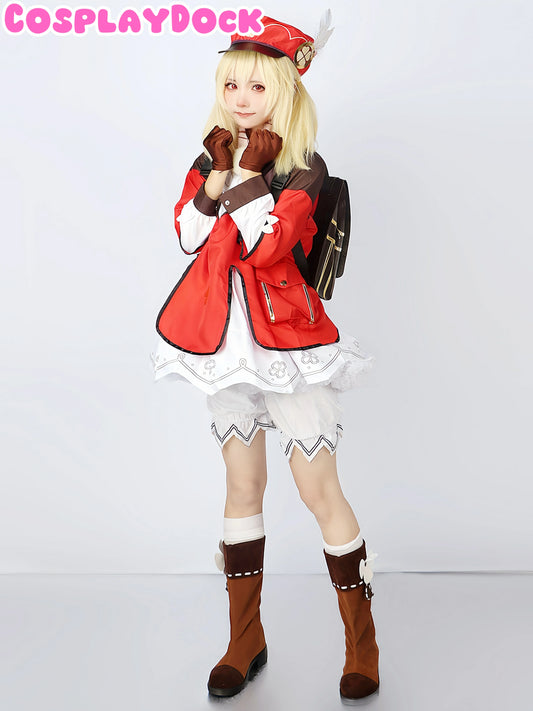Genshin Impact Klee Cosplay Costume Full Set – Screen-Accurate Red Bomber Jacket, Dodoco Backpack & Hat | CosplayDock