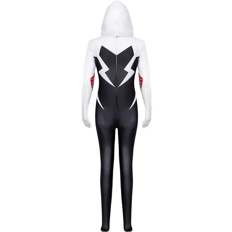 Spiderwoman-Gwen Inspired Cosplay Costume – Black & White Hooded Bodysuit with Web Patterns & Mask Set | CosplayDock