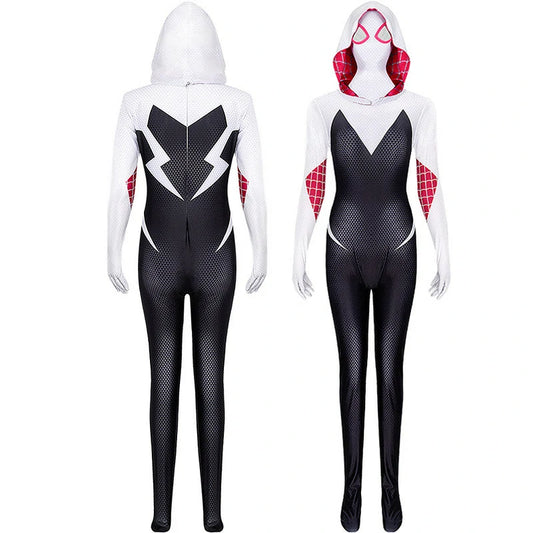 Spiderwoman-Gwen Inspired Cosplay Costume – Black & White Hooded Bodysuit with Web Patterns & Mask Set | CosplayDock