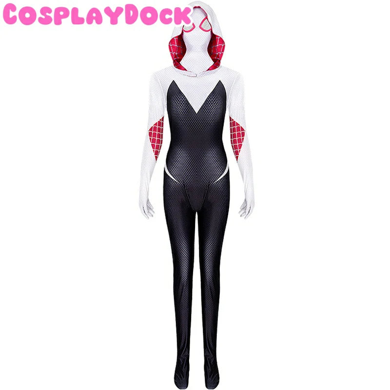 Spiderwoman-Gwen Inspired Cosplay Costume – Black & White Hooded Bodysuit with Web Patterns & Mask Set | CosplayDock