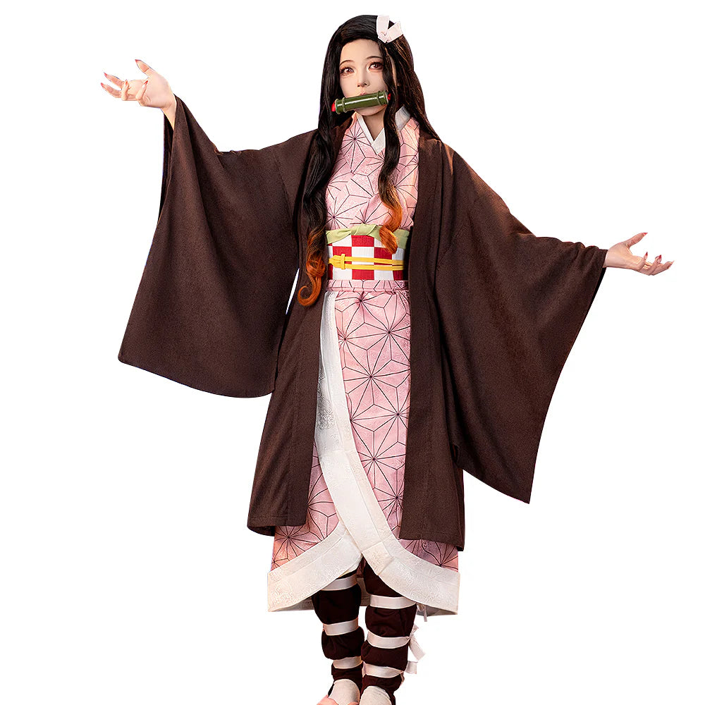Demon Slayer Nezuko Kamado cosplay kimono pink checkered bamboo muzzle-cosplaydock