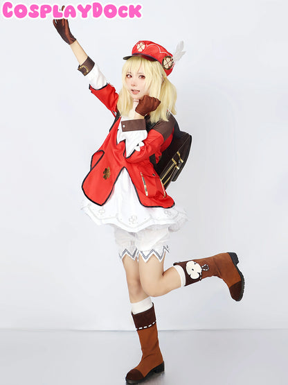 Genshin Impact Klee Cosplay Costume Full Set – Screen-Accurate Red Bomber Jacket, Dodoco Backpack & Hat | CosplayDock