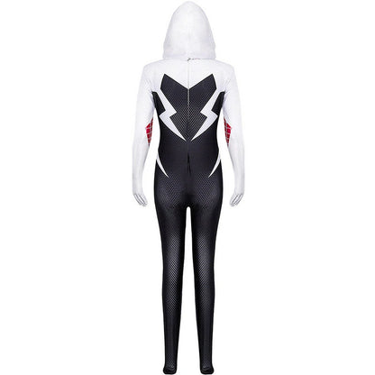 Spiderwoman-Gwen Inspired Cosplay Costume – Black & White Hooded Bodysuit with Web Patterns & Mask Set | CosplayDock