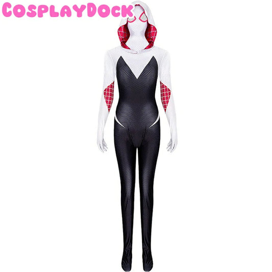 Spiderwoman-Gwen Inspired Cosplay Costume – Black & White Hooded Bodysuit with Web Patterns & Mask Set | CosplayDock